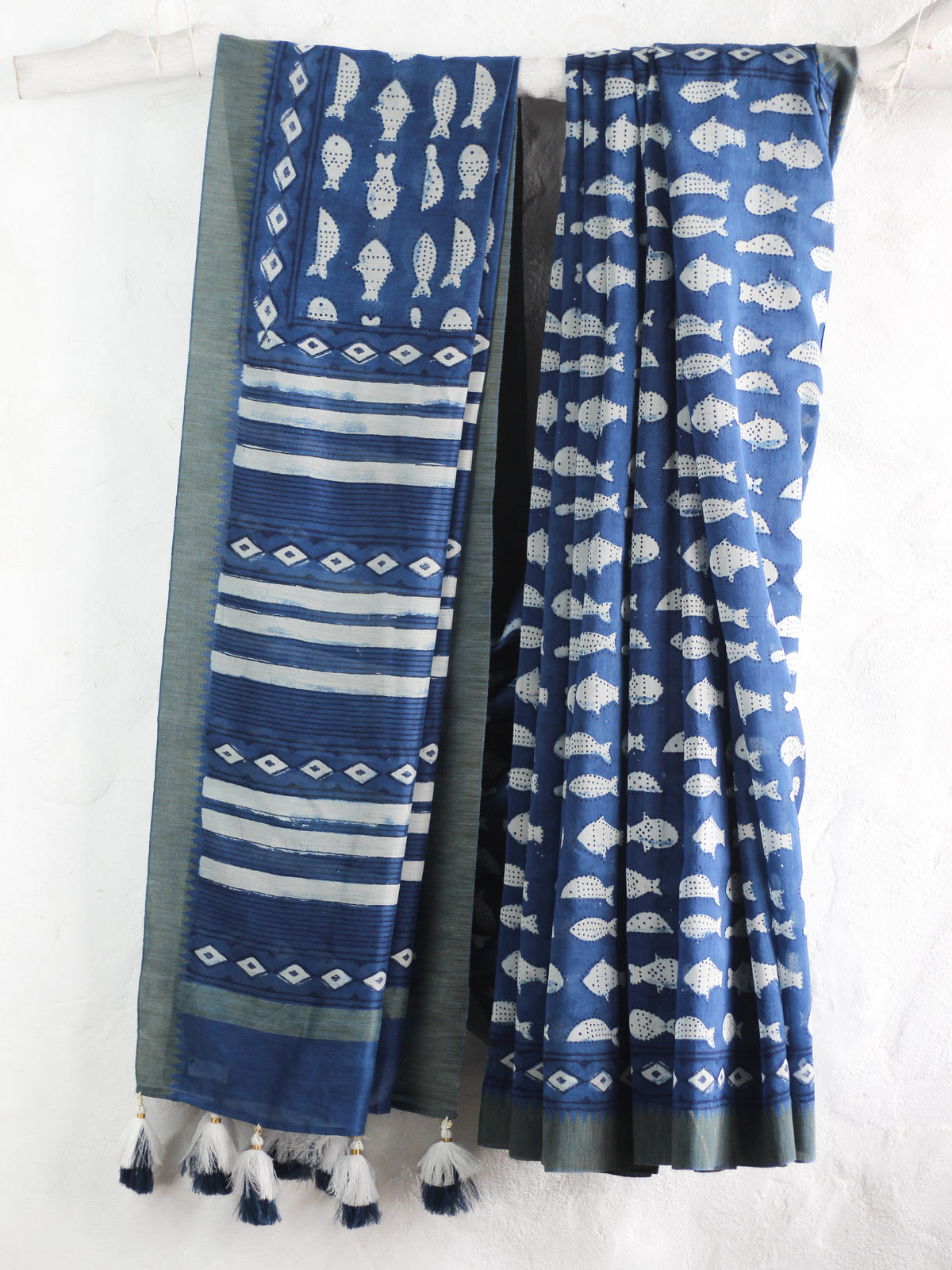 Dabu Indigo Fish -Chanderi Saree