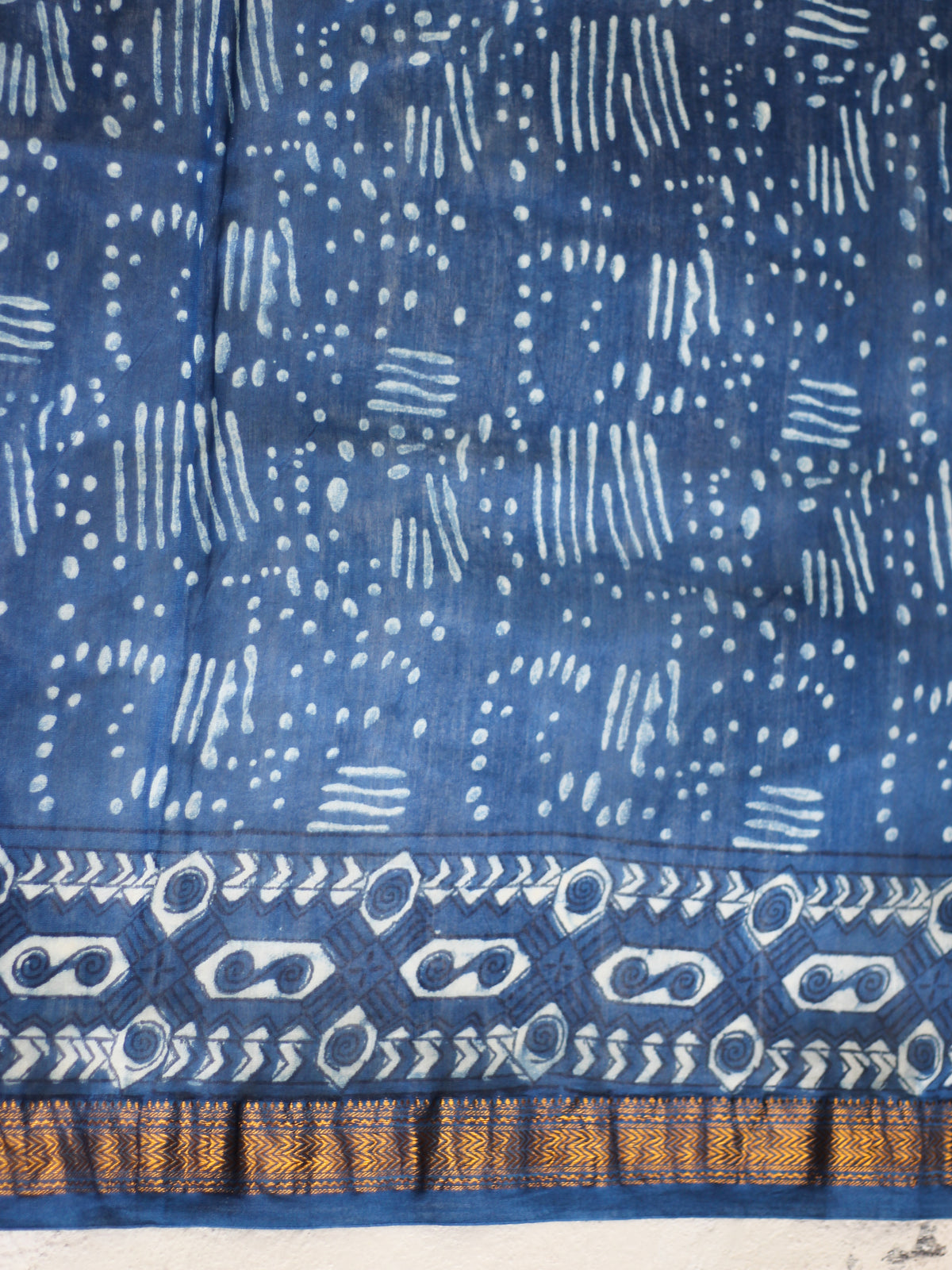 Dabu Indigo in flower jaal -Chanderi Saree