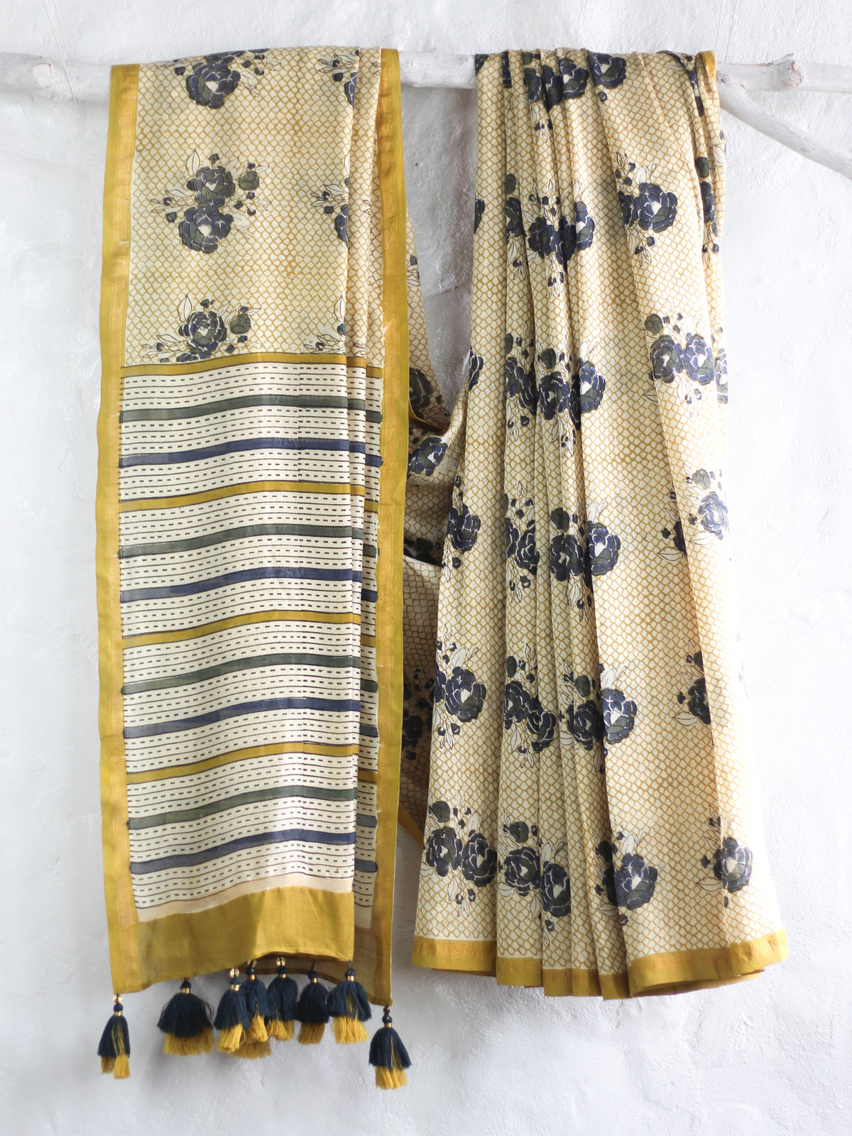 Bagru Natural Yellow-Chanderi Saree
