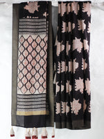 Bagru Natural Black Gulab Butta-Chanderi Saree