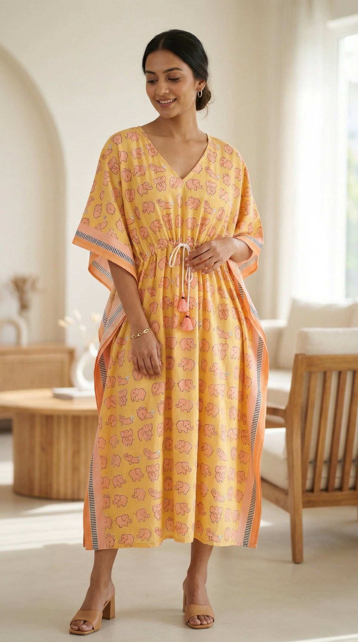 Kaftan- Elephants in Orange Yellow