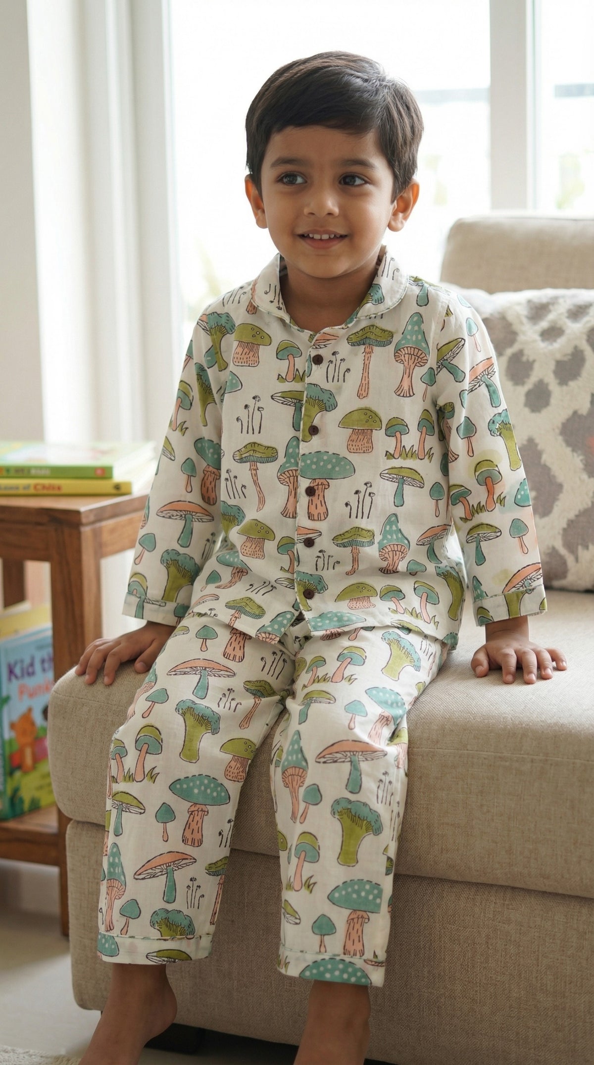 Unisex Kids Pajama -Mushrooms in White