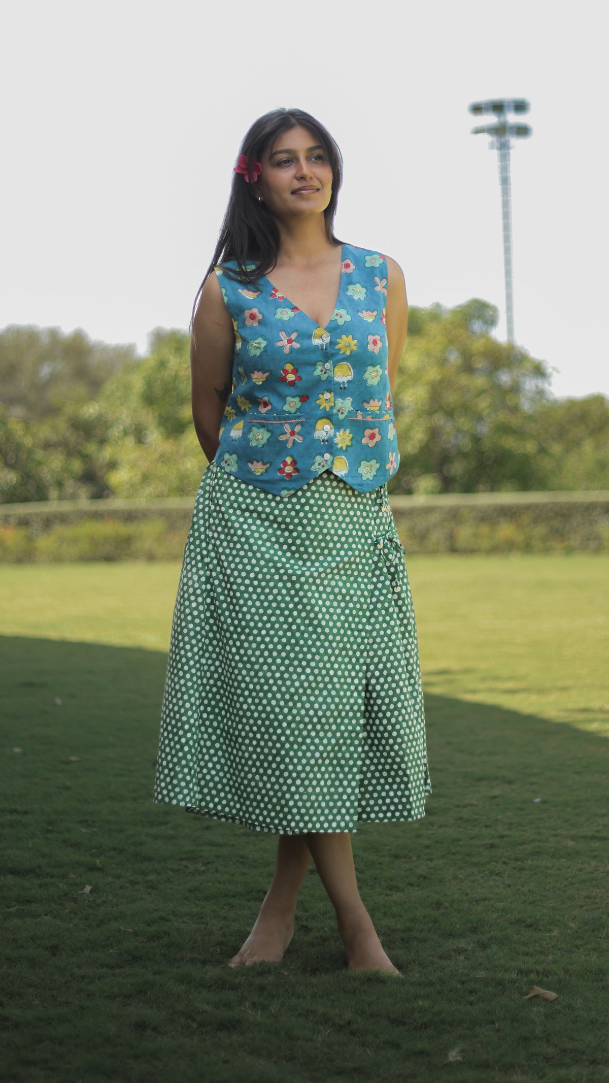 teal flowers with green polka Skirt & Top pair