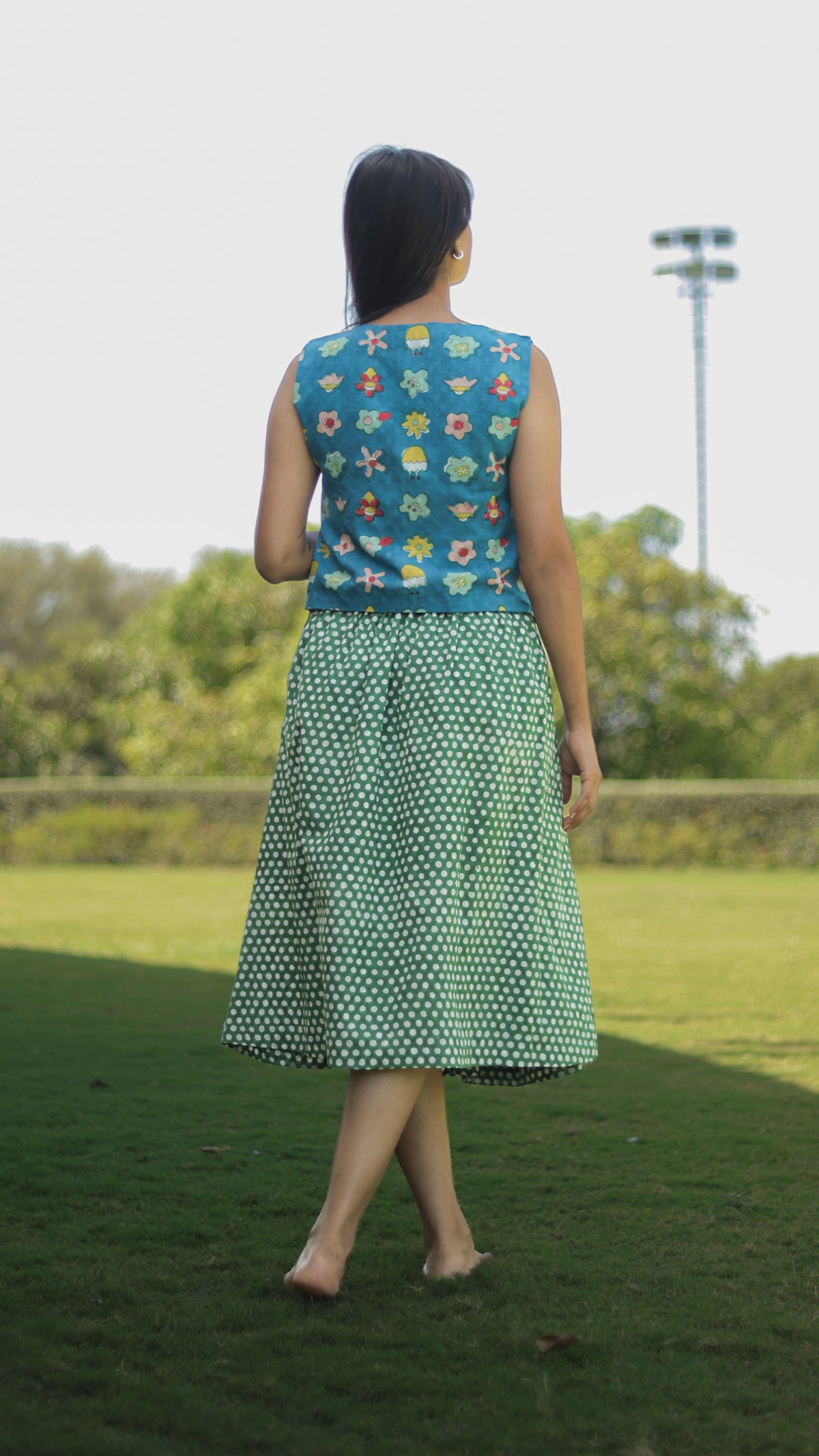 teal flowers with green polka Skirt & Top pair
