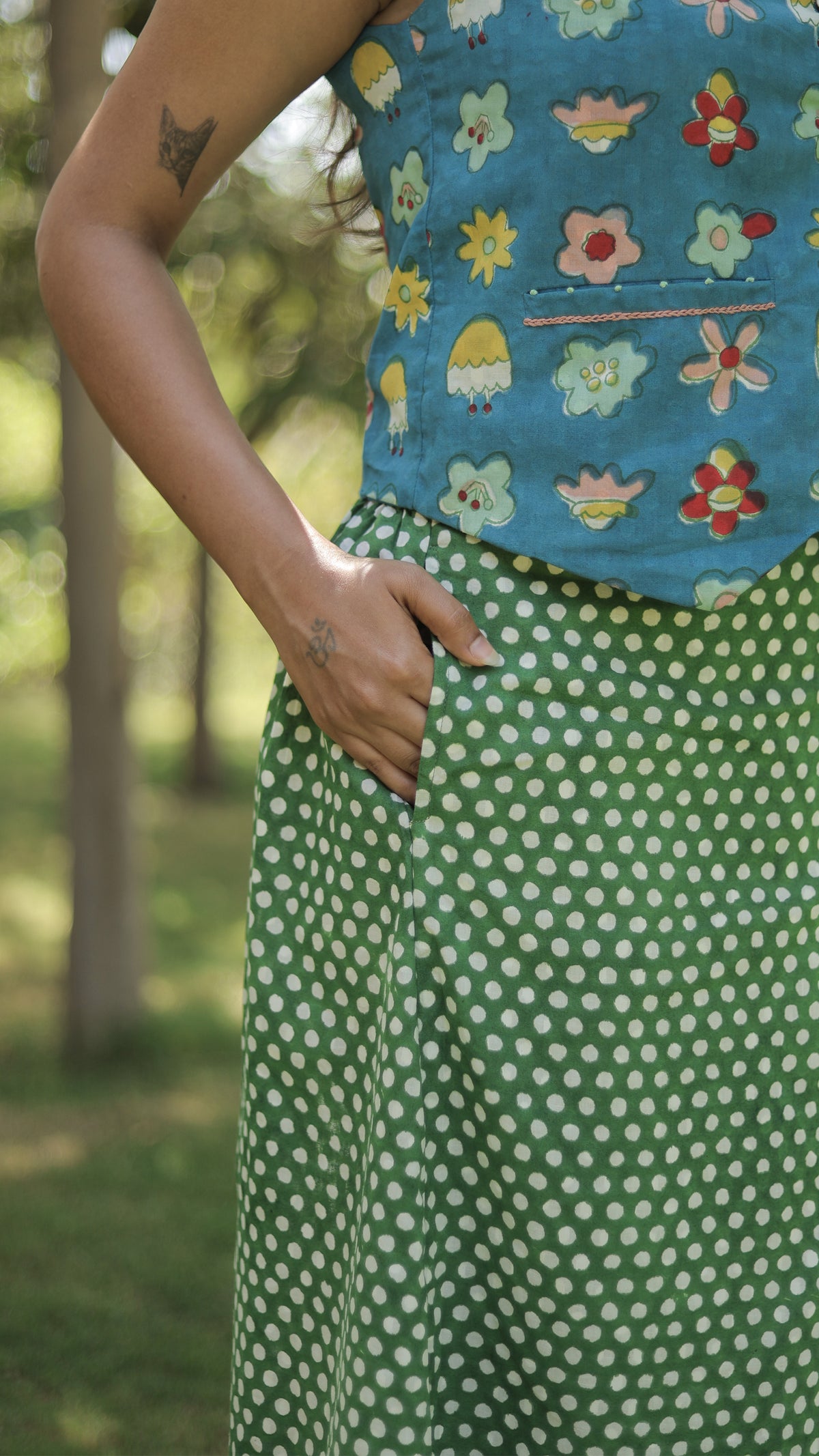 teal flowers with green polka Skirt & Top pair