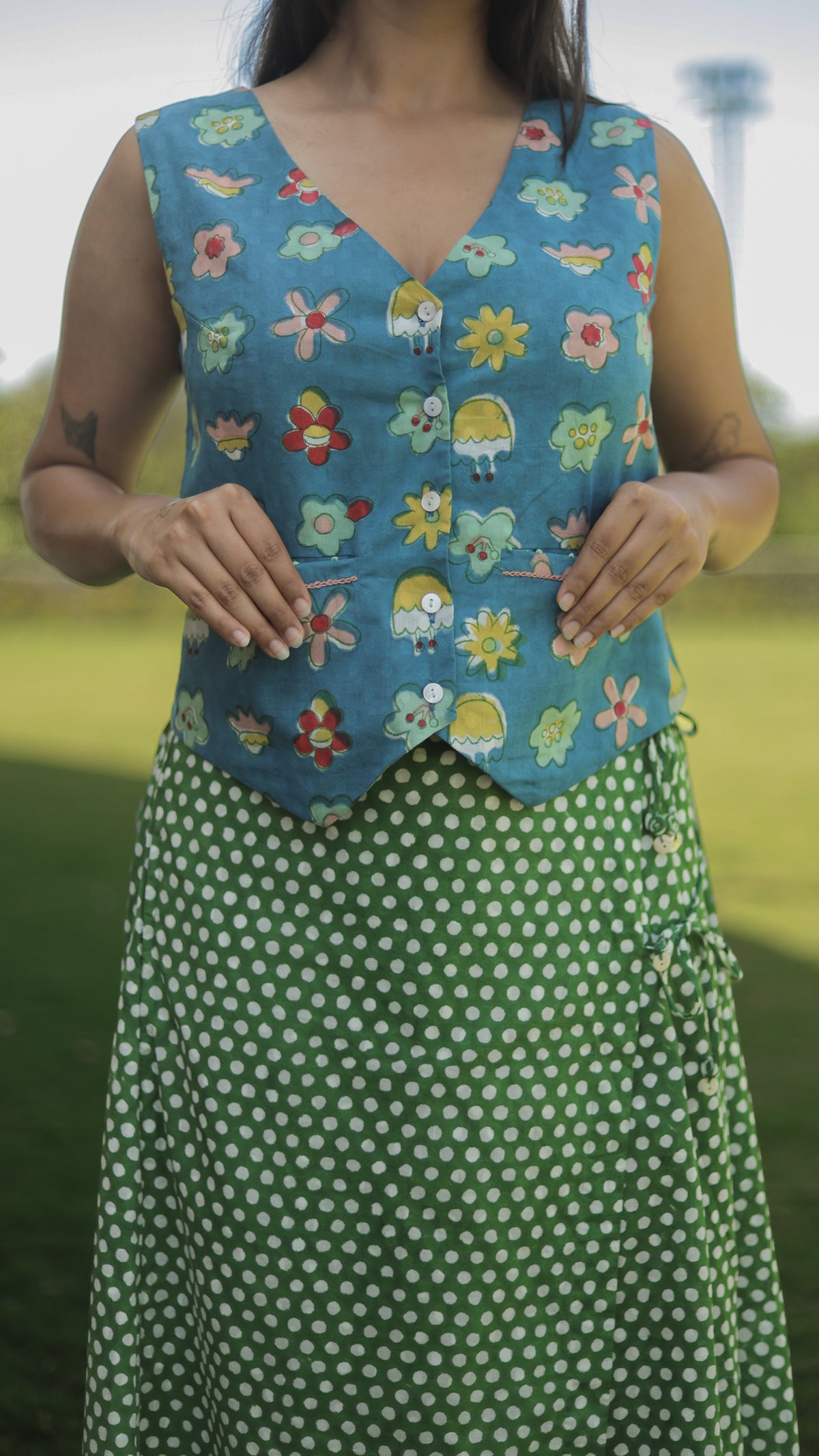 teal flowers with green polka Skirt & Top pair