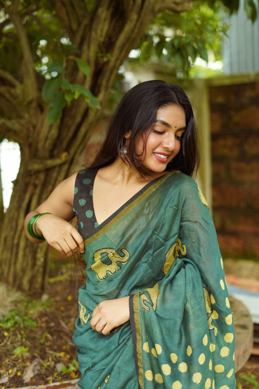 EMERALD ELEPHANTS Chanderi Saree