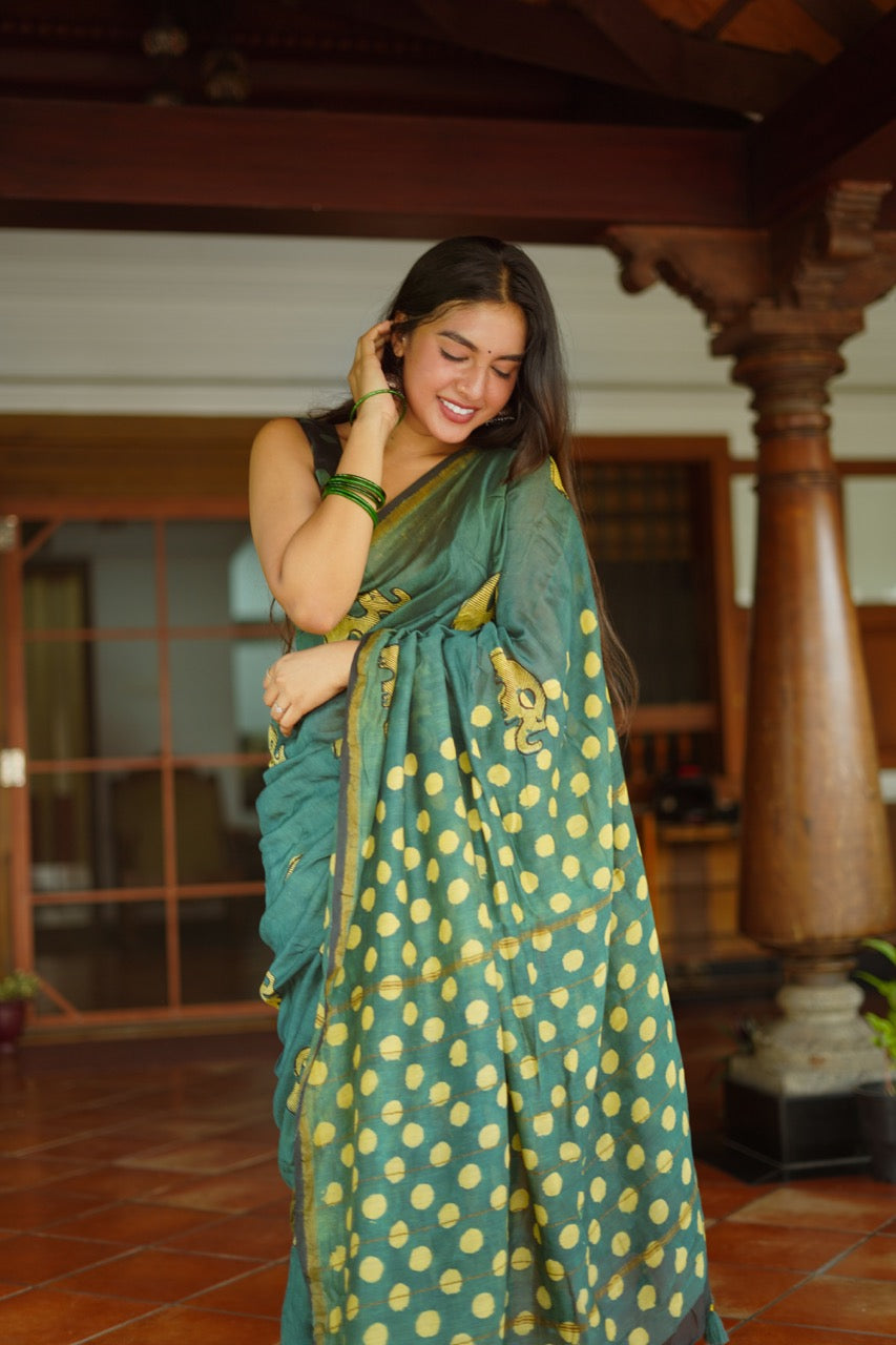 EMERALD ELEPHANTS Chanderi Saree