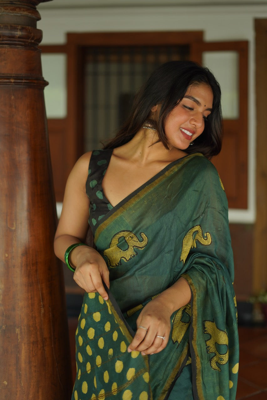 EMERALD ELEPHANTS Chanderi Saree