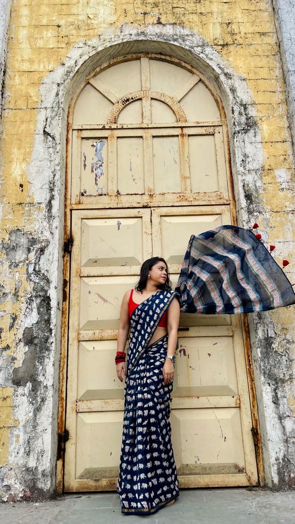 ELEPHANTS ON MY INDIGO Chanderi Saree