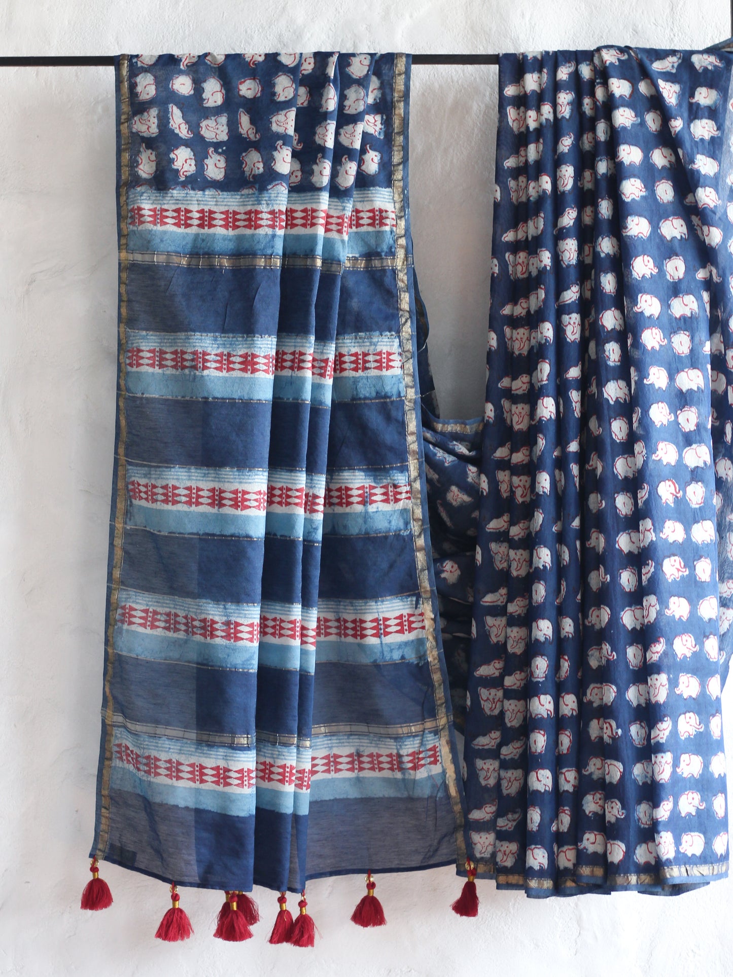 ELEPHANTS ON MY INDIGO Chanderi Saree
