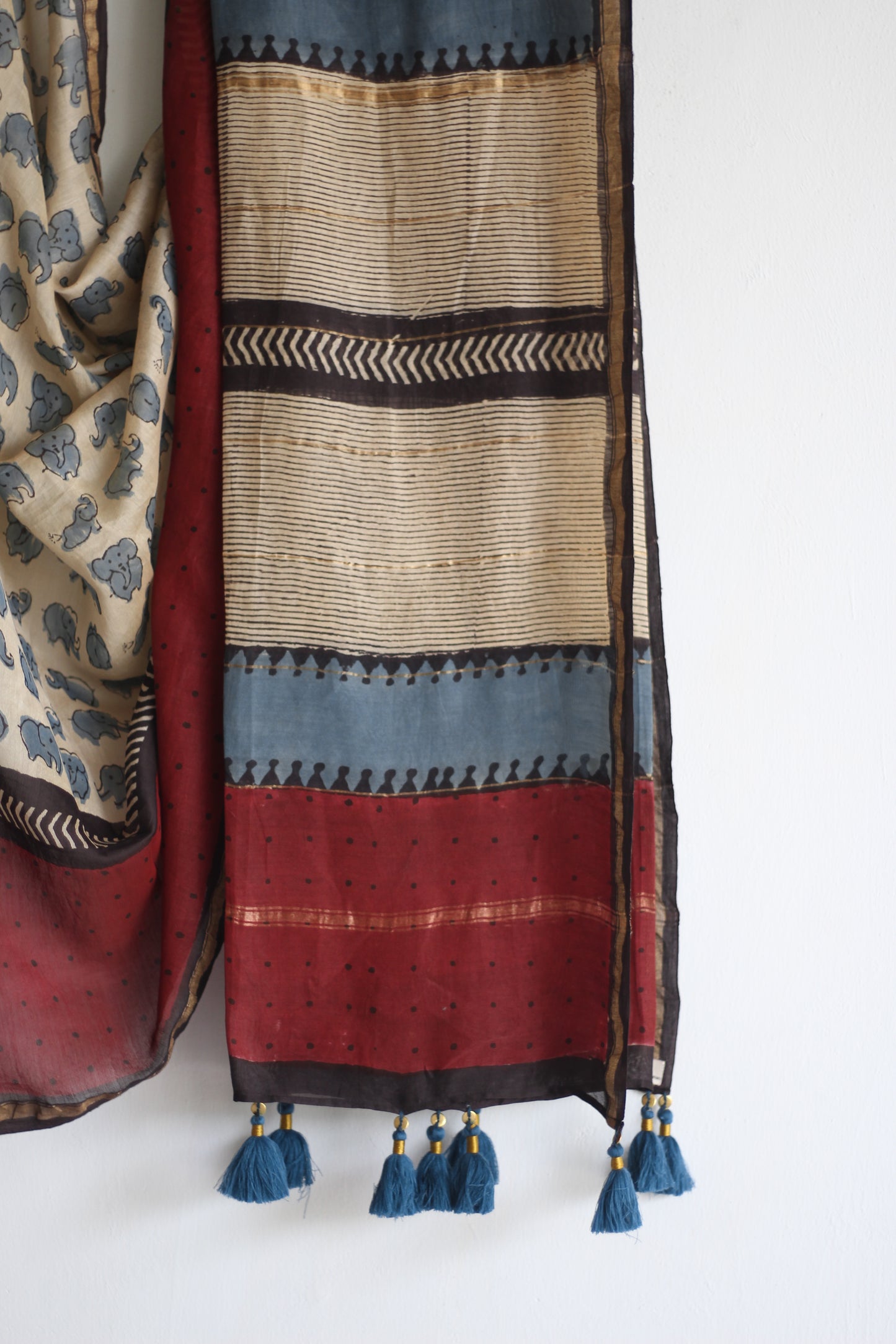CHANDERI SAREE - Elephants in Bagru Base