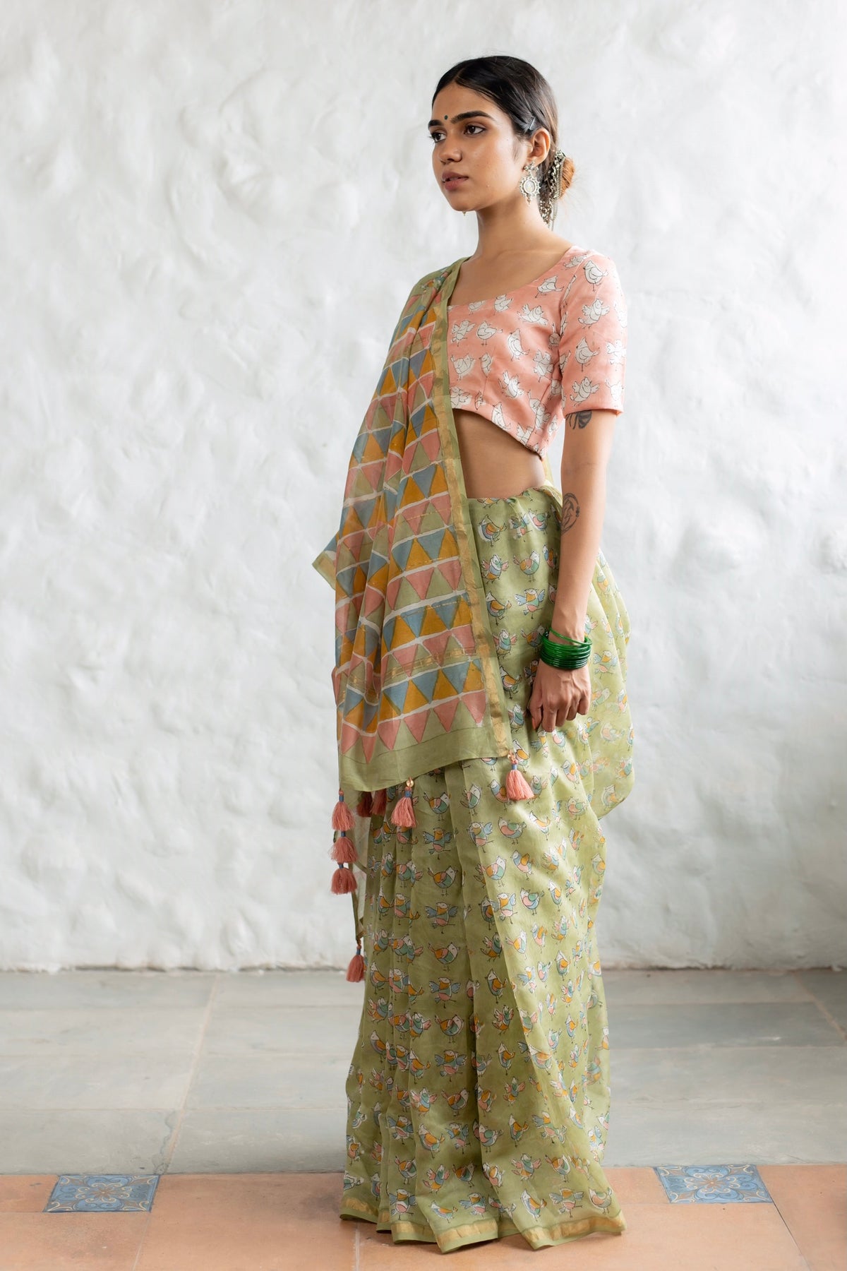 PASTEL BIRDIE IN PISTACHIO GREEN - Chanderi Saree