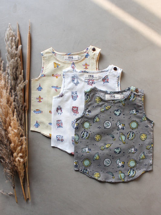 Baby Cotton 3 Pack Vest - Aeroplane, Owls & Space