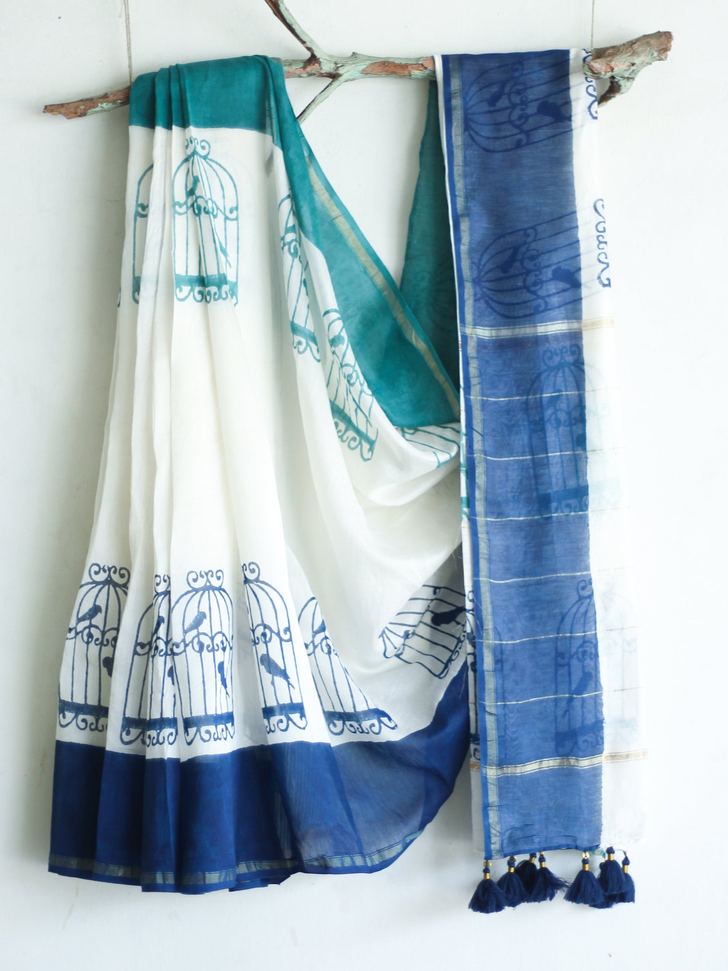 CHANDERI SAREE - Cage with Navy & Teal Blue - CHHAPA
