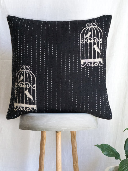 Cushion Cover - Birds Cage On Black with Kanthawork
