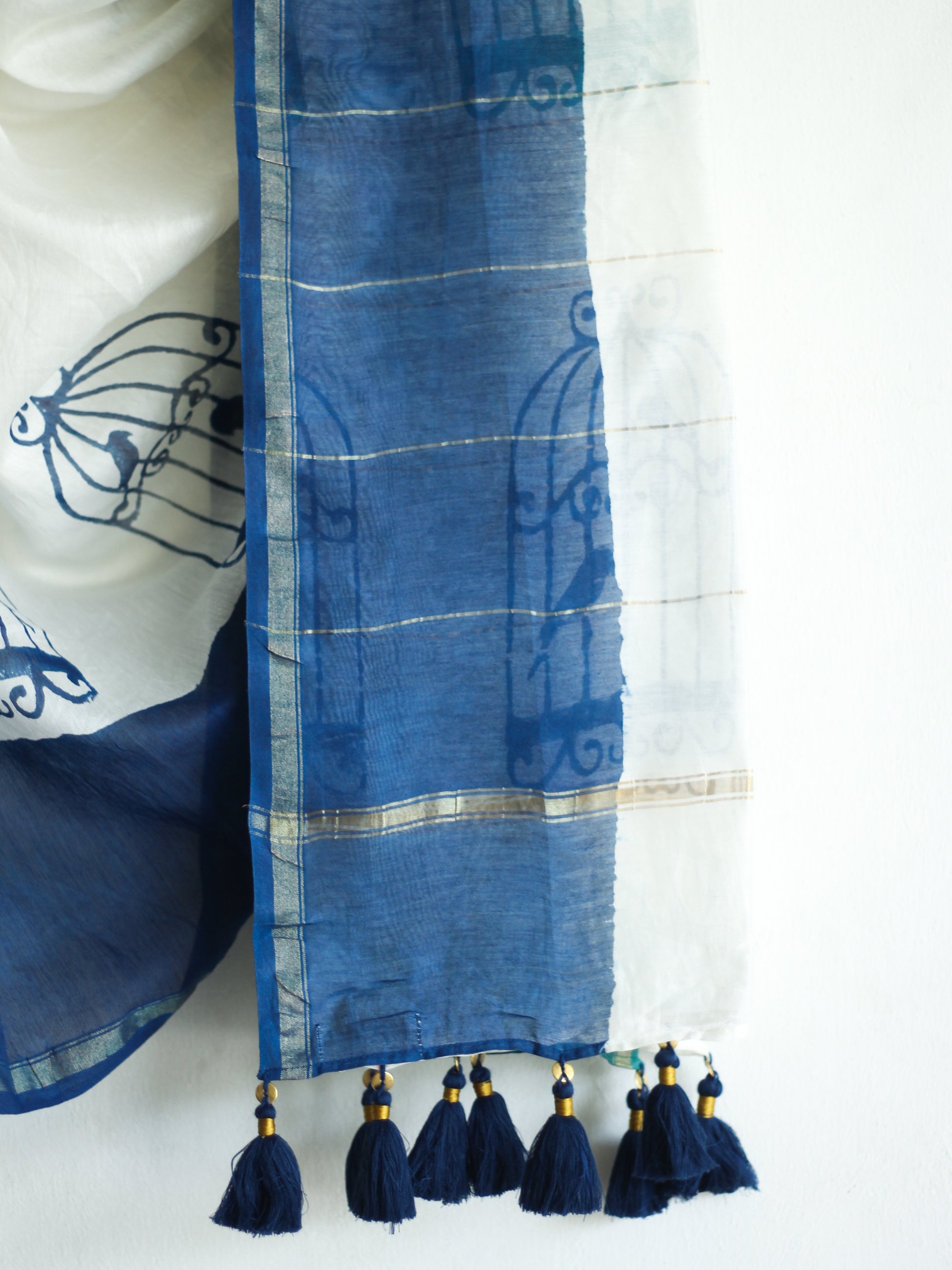 CHANDERI SAREE - Cage with Navy & Teal Blue - CHHAPA
