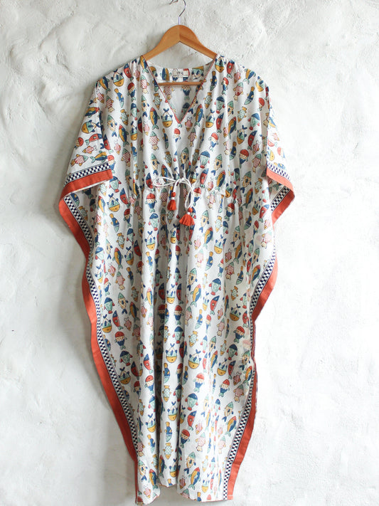 Kaftan- White Finny Tribe with Drawstring - CHHAPA