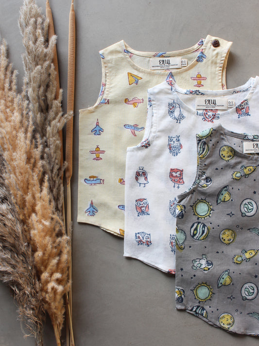 Baby Cotton 3 Pack Vest - Aeroplane, Owls & Space